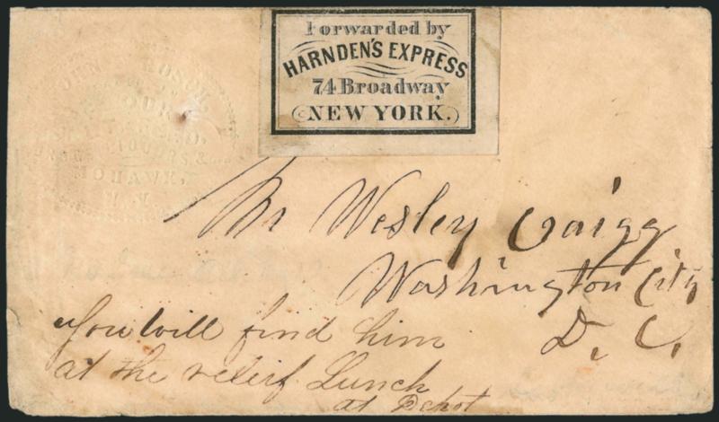 Forwarded by Harndens Express, 74 Broadway, New York.> Black on white label affixed to cover with embossed corner card of Mohawk N.Y. merchant, addressed to Washington D.C., senders instructions <<You will find
him at the releif lunch at Depot,>>