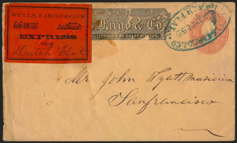 Wells, Fargo & Cos Express from Dutch Flat.> Illustrated orange with Dutch Flat in ms. on 3c Pink entire with Wells, Fargo printed frank to San Francisco, blue Wells, Fargo & Co. Express, Dutch Flat oval
handstamp, label with few pre-use creases