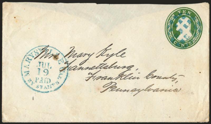 Marysville Cal. Paid by Stamps, Jul. 19.> Well-struck blue circular datestamp, matching segmented cork cancels 10c Green Nesbitt entire to Fannettsburgh Pa., missing top flap, Very Fine strikes, a pretty
cover