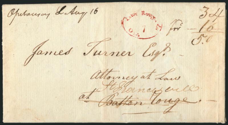 Baton Rouge La. Oct. 7.> Oval datestamp struck in red and used on <forwarded> 1813 folded letter to Baton Rouge, forwarded to St. Francisville, neat Opelousas L Aug. 16 ms. pmk. with matching 34 rate,
additional forwarding charge also noted, fres
