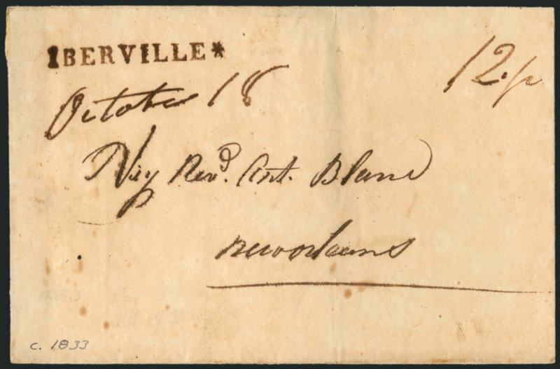 IBERVILLE*.> Bold strike of brown straightline handstamp with ms. October 18 and 12-12 on 1833 folded cover to New Orleans, fresh and Very Fine, ASCC $750.00