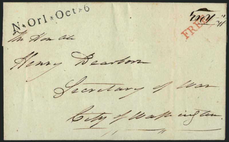 N * Orl * Oct. * 6.> Well-struck straightline handstamp with red Free handstamp on 1804 folded letter addressed to <<The Honble Henry Dearborn, Secretary of War, City of Washington>>, contents advise on payment
compensation for the governor, fain