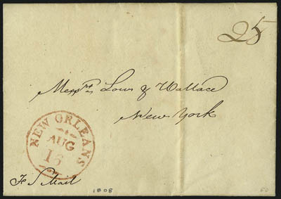 New Orleans.> Three covers from 1808-11, each fleuron type incl. one in red to New York, another sent by Natchez Trace route, last by Southern Mail route, Very Fine group