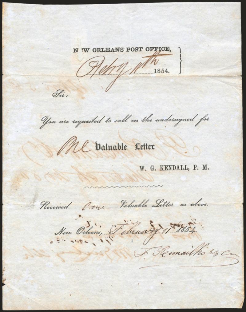 New Orleans Registered Letter Receipt.> Part-printed form headed New Orleans Post Office, dated Feb. 11, 1854, to local addressee, advising him that a Valuable Letter has been received, address panel with ms.
Stmer 5c, blue <N.O.U.S. City Post