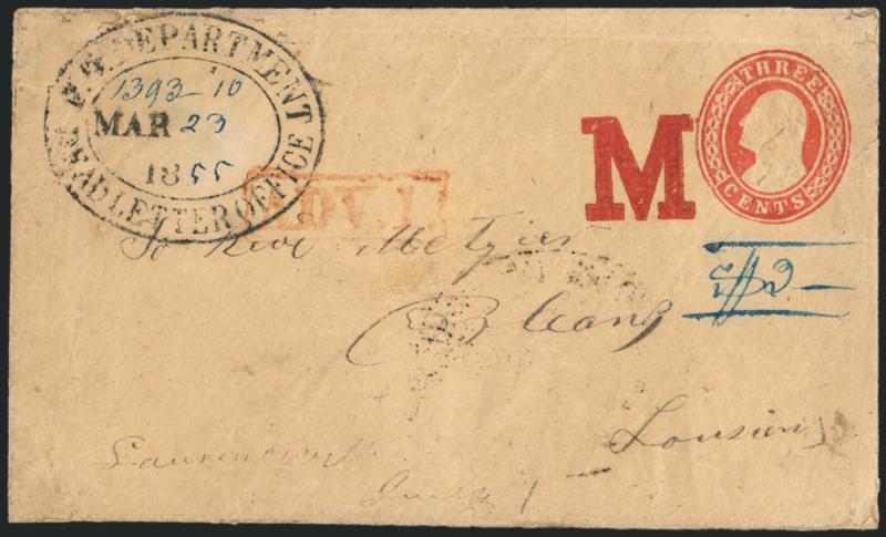 P.O. Department, Dead Letter Office, Mar. 23, 1855.> Large oval datestamp with day of month and last two digits of yeardate in ms. on 3c Red Nesbitt entire to New Orleans, red boxed Adv. 1 handstamp and large
red M where filed alphabetically under