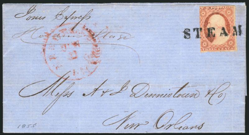3c Dull Red, Ty. II (11A).> Large margins to in, tied by bold strike of <Steam> handstamp red New Orleans La. Jun. 2 circular datestamp on blue folded letter datelined <<Acadie Plantation, 31st May 1855>> and
addressed to New Orleans, ms. <Jon