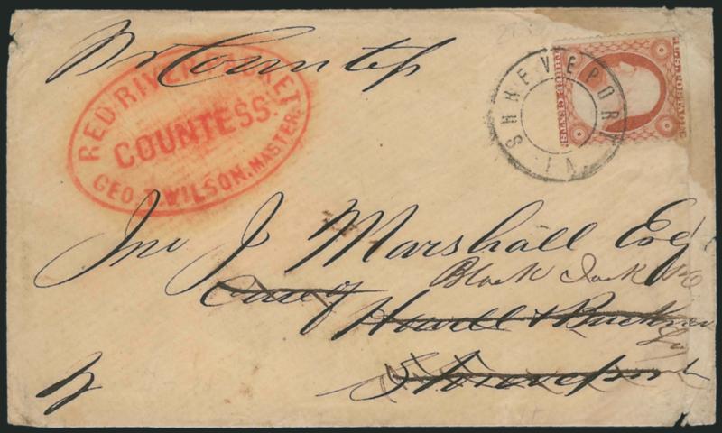 3c Dull Red, Ty. III (26).> Tied by Shreveport La. double-circle handstamp on cover addressed to Shreveport and <forwarded> to Black Jack P.O., well-struck <red Red River Packet Countess, Geo. T. Wilson Master>
handstamp, stamp with rounded corne