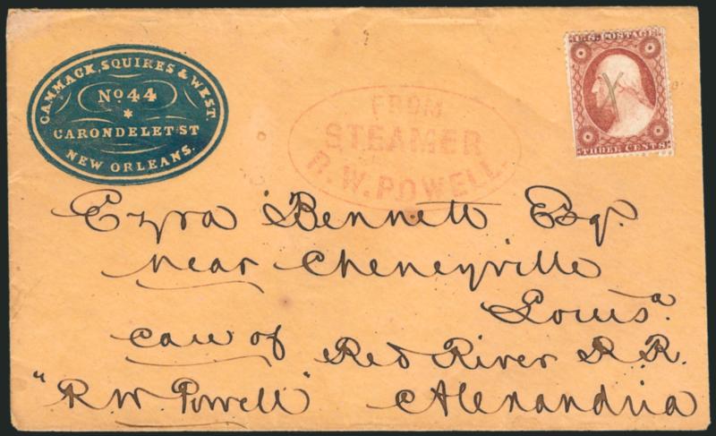 From Steamer B.W. Powell.> Clear strike of red oval handstamp on cover with <3c Dull Red, Ty. IV (26A)> cancelled by small ms. X addressed <<co Red River R.R. Alexandria>>, blue corner card, Very Fine, a pretty
cover