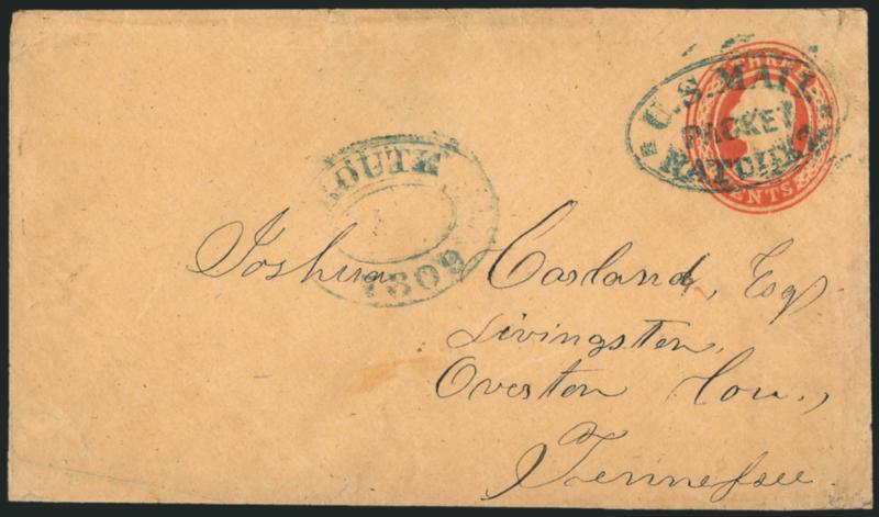 Route 7309.> Two 3c Nesbitt entires each with different marking in blue from the same route, first with U. S. Mail Packet Natchez blue oval handstamp and Route 7309 in double-oval to Livingston Tenn., second
with narrow double-oval and St. Franc