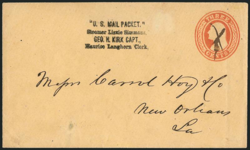 U.S. Mail Packet, Steamer Lizzie Simmons, Geo. H. Kirk Capt., Maurice Langhorn Clerk.> Well-struck handstamp on 3c Red Nesbitt entire to New Orleans, entire cancelled by ms. X, red From Geo. D. Hite, New
Orleans backstamp, fresh and Very Fine,