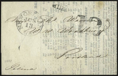 Incoming Ship Letters.> Three, incl. one from 1837 to New York with blue Salem Mas. Sep. 12 circular datestamp and matching Ship handstamp second is printed Prices Current from Havana to N.Y. with New Orleans
La. Jun. 13 circular datestamp and