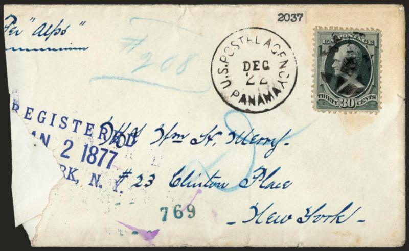 U.S. Postal Agency Panama Dec. 22.> Circular datestamp, cork cancel on <30c Gray Black (165),> used on registered cover to New York, 1877 New York registry datestamp at left, cover reduced at left and with
piece out, still Very Fine, rare usage, ex K