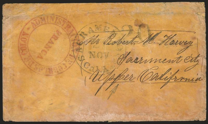 Panama to California.> Buff cover with red <Administracion De Correos De Colon, Franca> handstamp to Sacramento City Cal., neat Sacramento City Cal. 21 Nov. circular datestamp and matching 20 handstamp, missing
top flap and bit defective, other