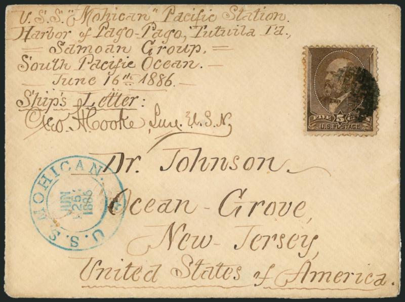 5c Yellow Brown (205).> Tied by cork, blue <<U.S.S. Mohican Jun. 25, 1886> double-circle datestamp on cover to Ocean Grove N.J., endorsed <<U.S.S. Mohican, Pacific Station, Harbor at Pago-Pago, Tutuila Is.,
Samoa Group, South Pacific Ocean, June