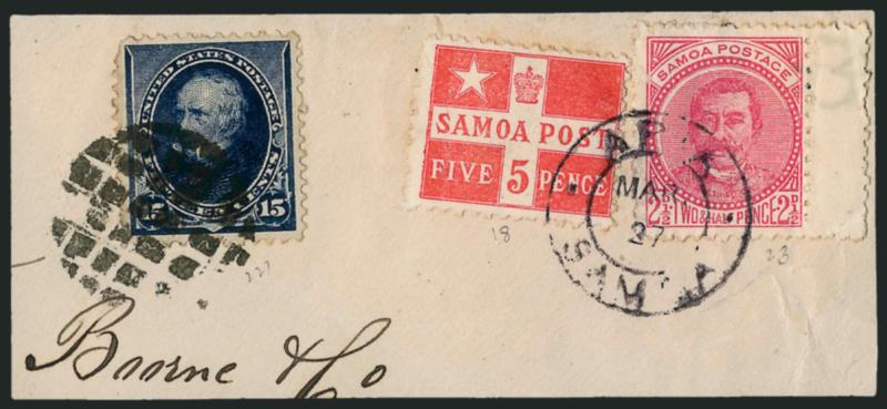 15c Indigo (227).> Tied by waffle grid on piece and <used with Samoa, 5p Vermilion (23) and 2-12p Rose (14b),> latter two tied by Apia Samoa, Mar. 27 (1894) double-circle datestamp, last with vertical gutter
selvage, , Very Fine, attractive and co