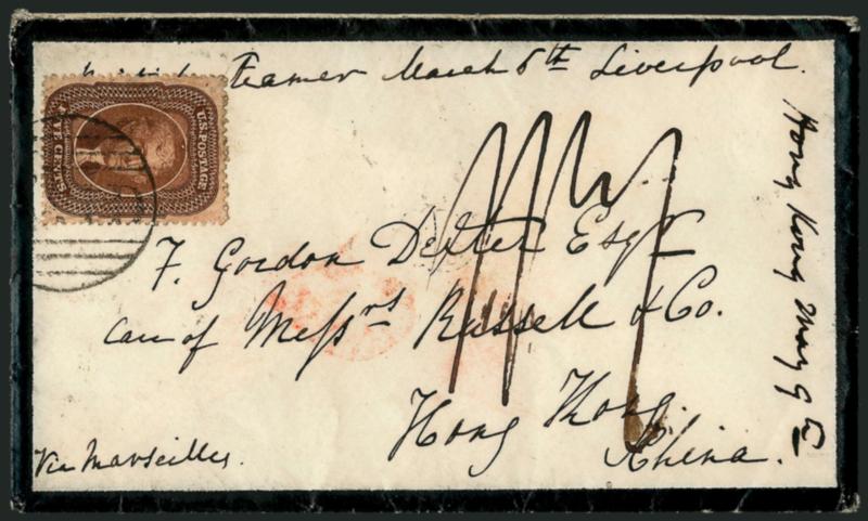 5c Brown, Ty. II (30A).> Tied by large Paid grid on 1861 mourning cover <to Hong Kong, China,> neat Boston Br. Pkt. Mar. 6, London and receiving backstamps, ms. due marking, fresh and Very Fine, remarkably
choice quality