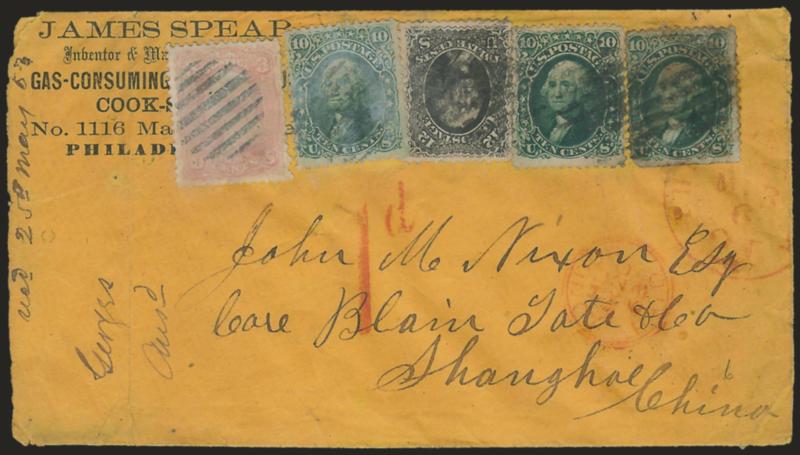 10c Yellow Green (68).> Three, used with <3c Pink (64) and 12c Black (69),> cancelled by grids, red Philadelphia Pa. Paid 24 Mar. 6 credit datestamp on orange cover <to Shanghai, China,> red 1d colonial rate
handstamp, 1863 London transit, receiv