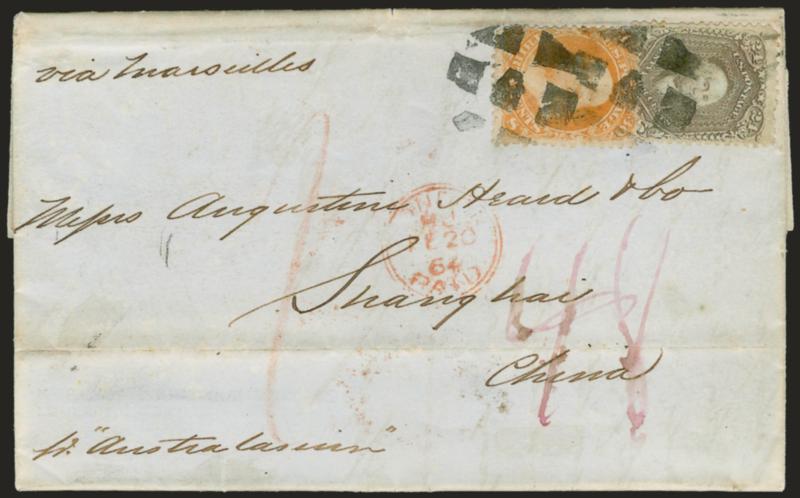 30c Orange (71).> Used with <24c Lilac (78),> tied by segmented cork on cover <to Shanghai, China,> red N. York Br. Pkt. Paid Feb. 10 backstamp as well as blue Hong Kong transit, 1864 London transit, 30c small
faults, appears Fine, with 1986 and 20