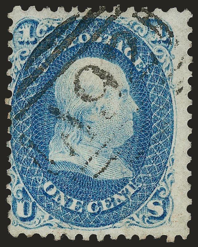 1c Blue (63).> Bright color, well-struck <A92 in barred oval> handstamp, tear at top, otherwise Fine