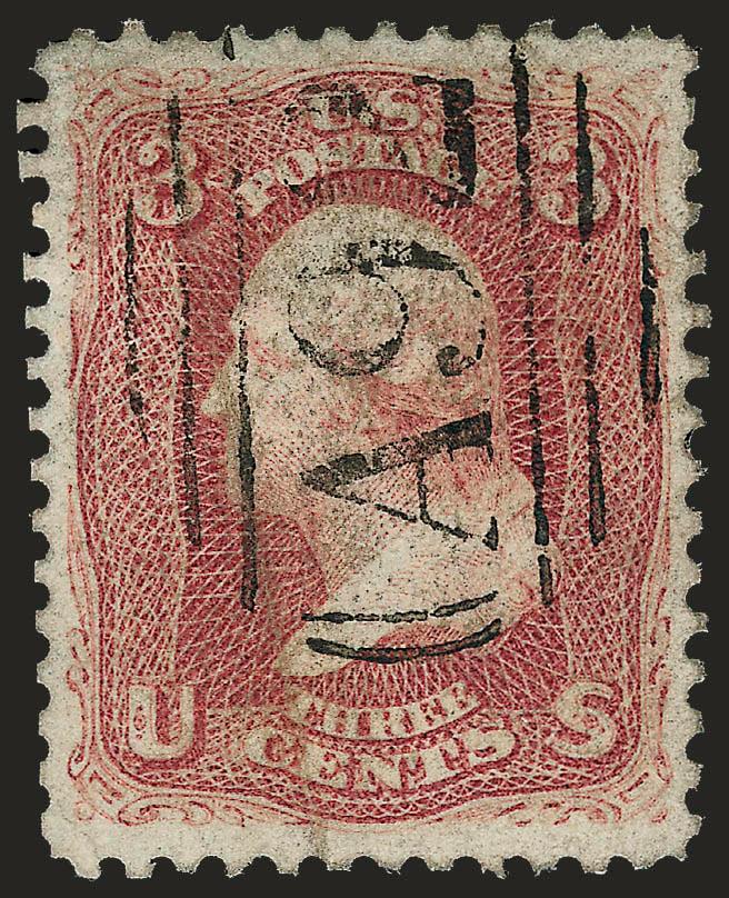 3c Rose (65).> Rich color, cancelled by <A92 in barred oval> handstamp, bit heavy vertical crease, Very Fine appearance