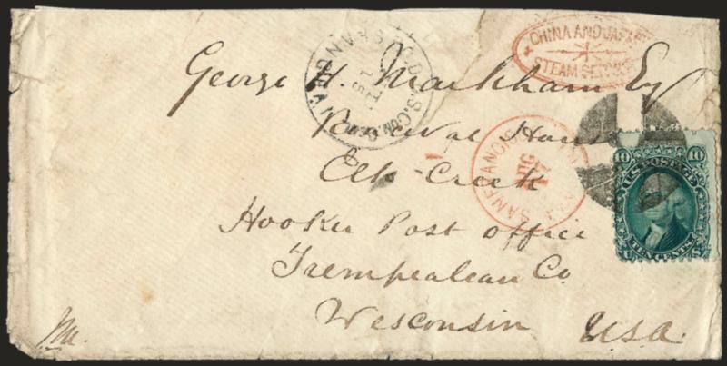 10c Yellow Green (68).> Centered to bottom left, tied by well-struck quartered cork, <P.O.D. U.S. Con. Genl. Shanghai Jul. 15> circular datestamp to Hooker P.O. Wis., clear strike of red <China and Japan Steam
Service> double-line oval handstamp,