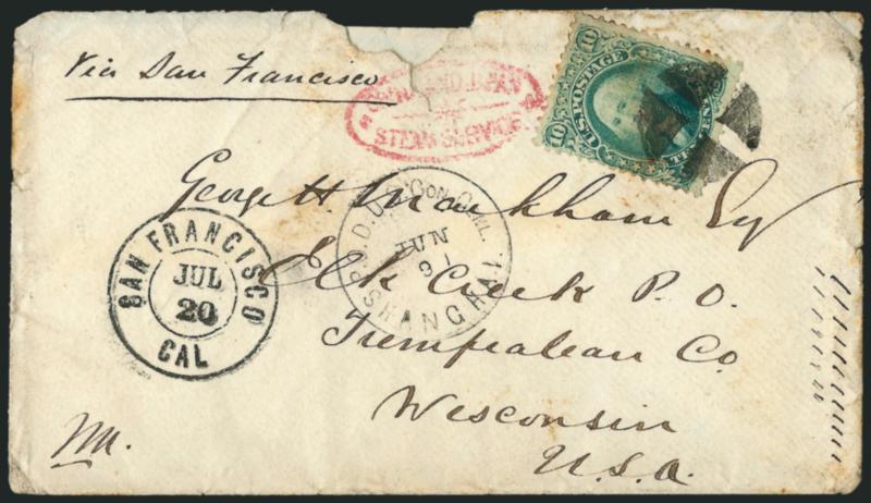 10c Yellow Green, F. Grill (96).> Tied by quartered cork, <U.S.P.O.D., U.S. Con. Genl. Shanghai, Jun 31> circular datestamp on cover to Elk Creek P.O. Wis., red <China and Japan Steam Service oval> double-line
oval handstamp, San Francisco Cal.
