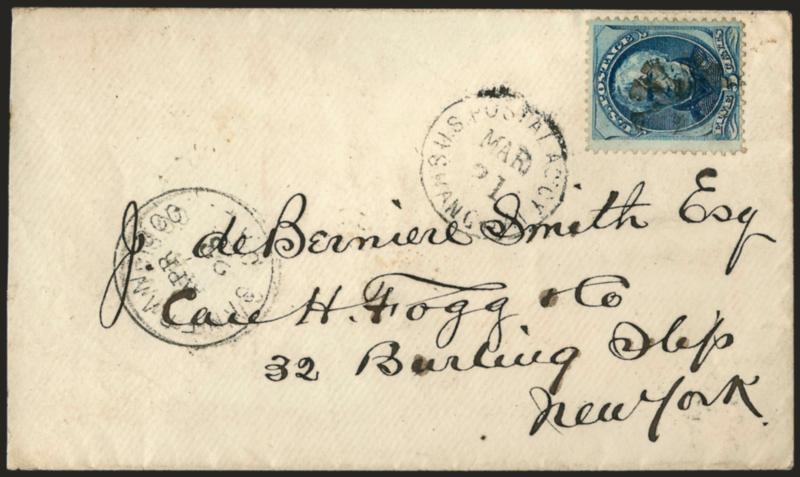 5c Blue (185).> Tied by cork, matching <U.S. Postal Agcy. Shanghai Mar. 21> circular datestamp on cover to New York, neat San Francisco Cal. Apr. 23 circular datestamp, receiving backstamp, barely reduced at
left, Very Fine