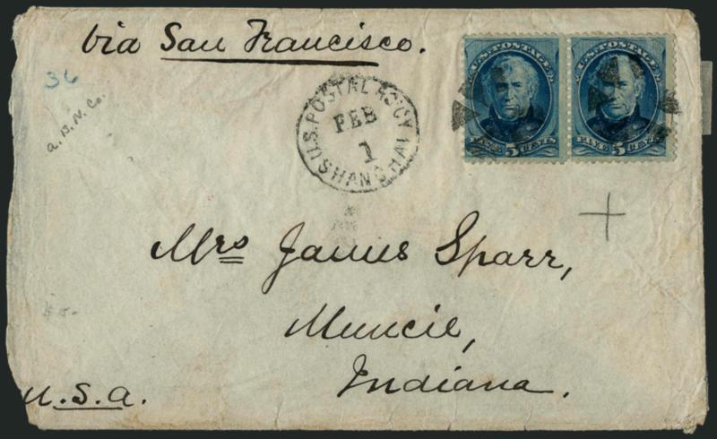 5c Blue (185).> Horizontal pair, tied by circle of wedges, matching <U.S. Postal Agcy. Shanghai Feb. 1> circular datestamp on tissue cover to Muncie Ind., red San Francisco and receiving backstamps, slightly
reduced at left and some wrinkling as n