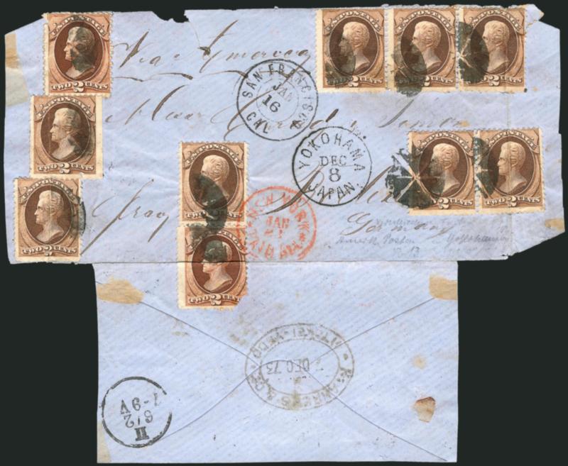 2c Red Brown (146).> Ten, cancelled or tied by corks, <Yokohama, Japan Dec. 8> circular datestamp on large part of cover <to Germany,> San Francisco and New York transits, what remains of bottom opened to
display markings and one stamp placed over