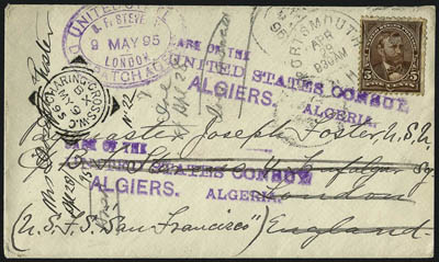 Mail to U.S. Consuls.> Ten covers bearing either Bank Note or 1894-98 Bureau Issue, all originally sent to England and most forwarded by B.F. Stevens, incl. handstamps to U.S. Consul at Algiers, Leghorn
Italy, Naples (2), Messina, Smyrna Turkey, four