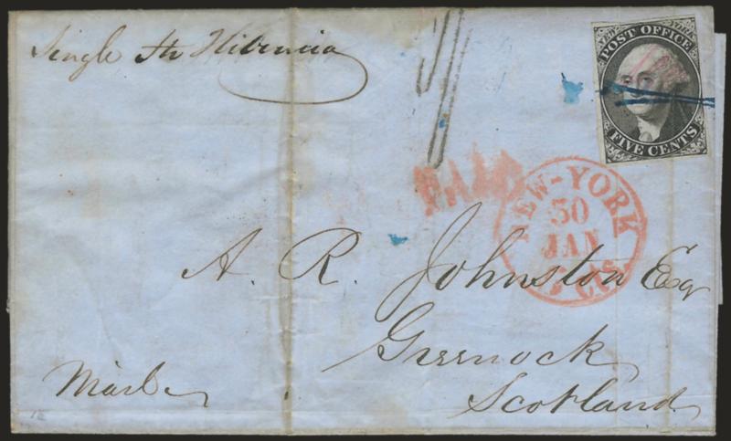 New York N.Y., 5c Black, AC M Initials (9X1a).> Large margins to clear, tied by blue penstrokes on 1846 folded letter <to Greenock, Scotland,> red New-York 5cts. Jan. 30 circular datestamp and matching Paid
handstamp, endorsed <<single str Hib
