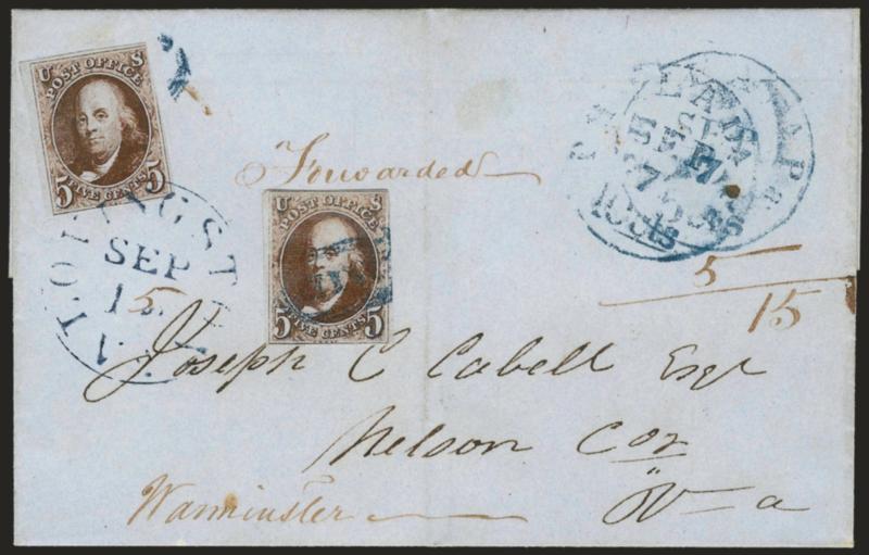 5c Red Brown (1).> Two singles originally forming a pair, large margins to barely in at top right, intense color and impression, first cancelled by blue Paid oval, matching Philada. Pa. 5 cts. Sep. 7
integral-rate circular datestamp which has bee