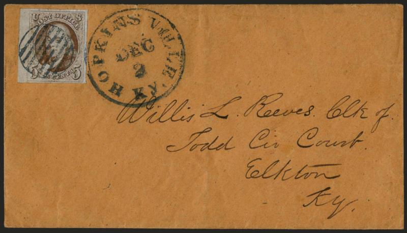 5c Red Brown (1).> Large to huge margins incl. <sheet margin at left,> cancelled by <blue grid> and tied by matching Hopkinsville Ky. Dec. 2 circular datestamp on cover to Elkton Ky., Very Fine, a beautiful
cover