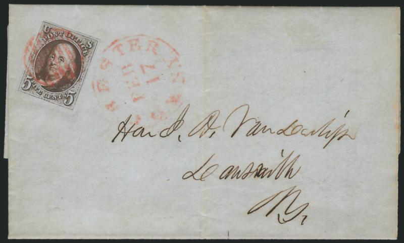 5c Dark Brown (1a).> Large margins to clear, rich color, tied by red grid, matching Rochester N.Y. Feb. 17 circular datestamp on 1848 folded Columbus Insurance Co. stationery to Dansville N.Y., faint vertical
file fold, Very Fine, ex Craveri, with