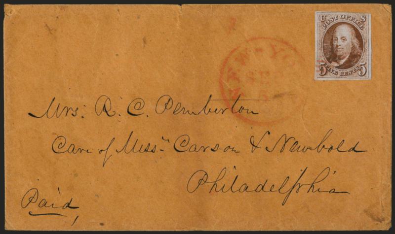 5c Red Brown (1).> Large margins to clear, bright shade, light strike of red square grid cancel, matching New-York Sep. 5 circular datestamp on buff cover to Philadelphia, some edgewear incl. tear at top,
otherwise Fine