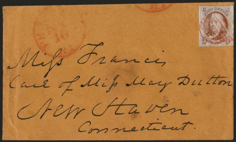 5c Red Brown (1).> Huge margins to touched, cancelled by red grid, matching Providence R.I. Dec. 16 circular datestamp on cover to New Haven Conn., stamp with faint corner creases and scissors-cut in margin
only at bottom left, Fine