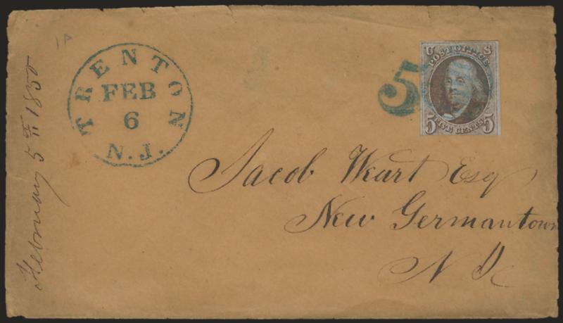 5c Red Brown (1).> Three large margins, in at bottom, cancelled by blue grid and tied by <5 numeral> handstamp, matching Trenton N.J. Feb. 6 circular datestamp on cover to New Germantown N.J., 1850 docketing at
left, missing top flap and some wea