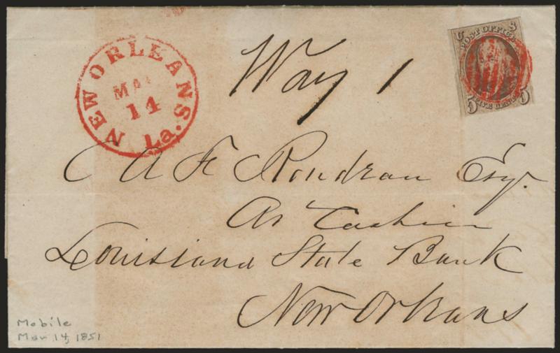 5c Red Brown (1).> Margins to in, tied by red grid, matching New Orleans La. Mar. 14 circular datestamp on folded letter datelined <<Mobile 13th Mar. 1851>> to New Orleans, ms. <Way 1> at top center, stamp
affected by vertical file fold, otherw