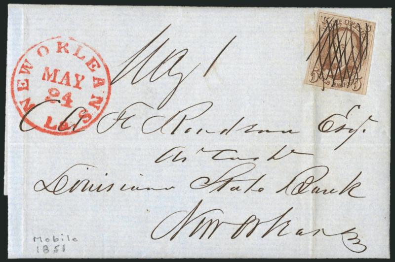 5c Red Brown (1).> Three full to large margins, slightly in at bottom, tied by criss-crossed pen lines, bold red New Orleans La. May 24 circular datestamp and ms. <Way 1> on light blue 1851 folded letter from
Mobile to New Orleans, file fold just