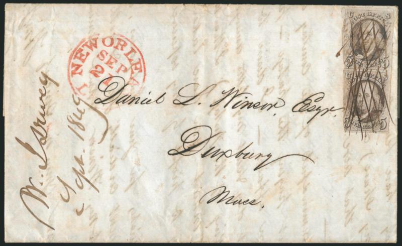 5c Brown (1).> Vertical pair, large margins to in at left, tied by criss-crossed pen lines, red New Orleans La. Sep. 21 circular datestamp on 1849 folded letter to Duxbury Mass., interesting content re Russian
political intrigue, overall a Fine cov