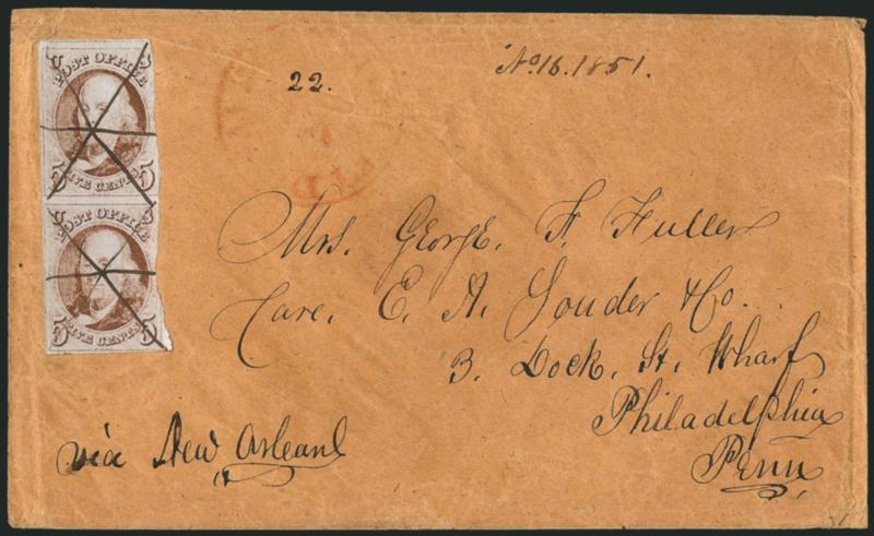 5c Red Brown (1).> Vertical pair, large margins to in at right, unusual pen cancels which appear to us to have been applied before the pair was affixed (one line stops at the right edge of the pair), faint red
Donaldsonville La. circular datestamp