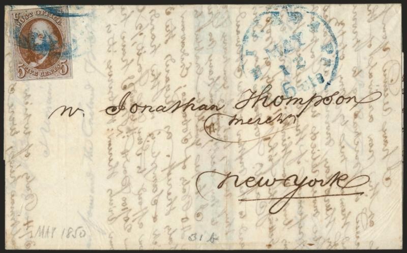 5c Orange Brown (1b).> Large margins to just touched, bright shade, tied by <blue circular datestamp,> second strike of Philada. Pa. 5cts. May 12 integral-rate circular datestamp on 1850 folded letter to New
York, Fine