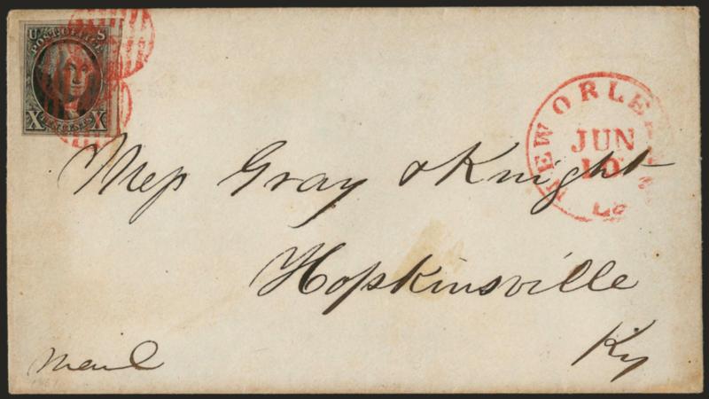 10c Black (2).> Large margins incl. part of adjoining stamp at right, tied by red grids, matching New Orleans La. Jun. 10 circular datestamp on cover to Hopkinsville Ky., with enclosure which did not originate
but which is addressed to same recipie