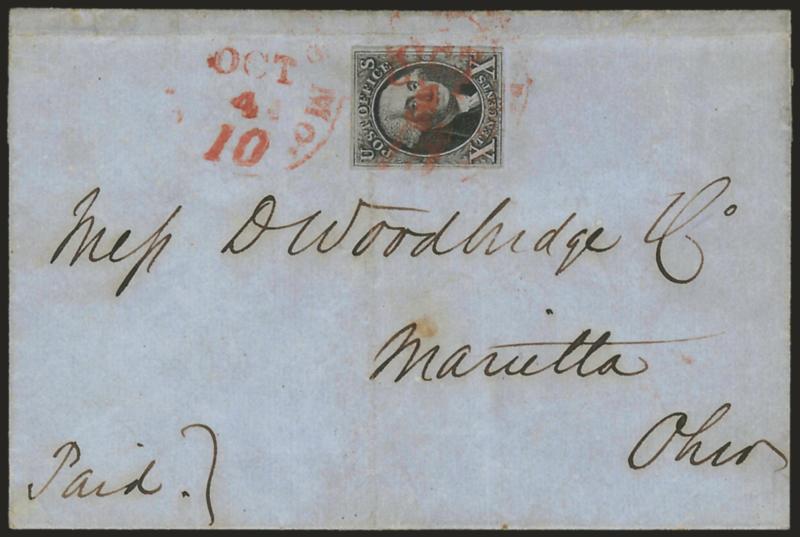 10c Black (2).> Large margins to clear, tied by red St. Louis Mo. 10 Oct. 4 integral-rate circular datestamp on blue 1850 folded cover to Marietta O., stamp barely affected by faint vertical file fold, appears
Very Fine
