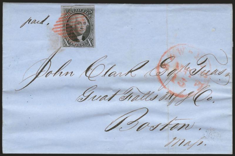 10c Black (2).> Large margins to just in incl. part of adjoining stamp at top, pre-use crease at top left, tied by red square grid, matching New-York May 15 circular datestamp on blue 1850 folded letter to
Boston, light vertical file fold well clea