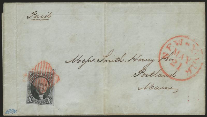 10c Black (2).> Large margins to barely in, tied by red square grid, matching New-York May 21 circular datestamp on 1851 folded letter to Portland Me., light vertical file folds away from stamp, some slight
overall soiling, Fine, blue Weill handsta