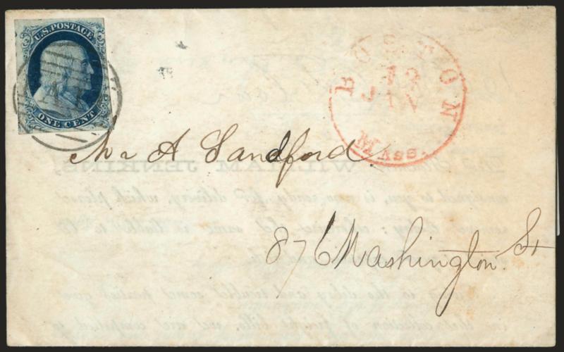 1c Blue, Ty. Ic (6b).> Position 83L4, E Relief, mostly large margins except just touched at upper right, tied by large Boston Paid grid on 1858 printed notice with ship illustration, red Boston Mass. Jan. 13
circular datestamp at right, minor ton