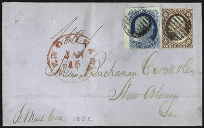 1c Blue, Ty. II, 3c Orange Brown, Dull Red (7, 10, 11).> Two folded covers to New Orleans, one with No. 7 (Plate 1E) and 11 tied by grids, red New Orleans La. Jan. 15 (1852) circular datestamp and ms. Way,
other with No. 10 tied by grid, red <Re