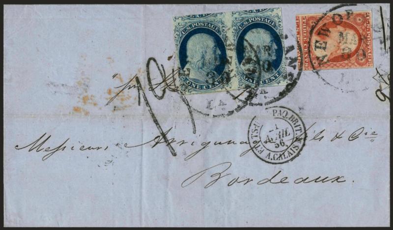 1c Blue, Ty. II, 3c Dull Red (7, 11).> Horizontal pair of 1c, huge margins to just in incl. part of adjoining stamps at top, bright colors, tied by New Orleans La. Mar. 30 circular datestamps on blue 1856
folded cover <to Bordeaux, France,> bold 1