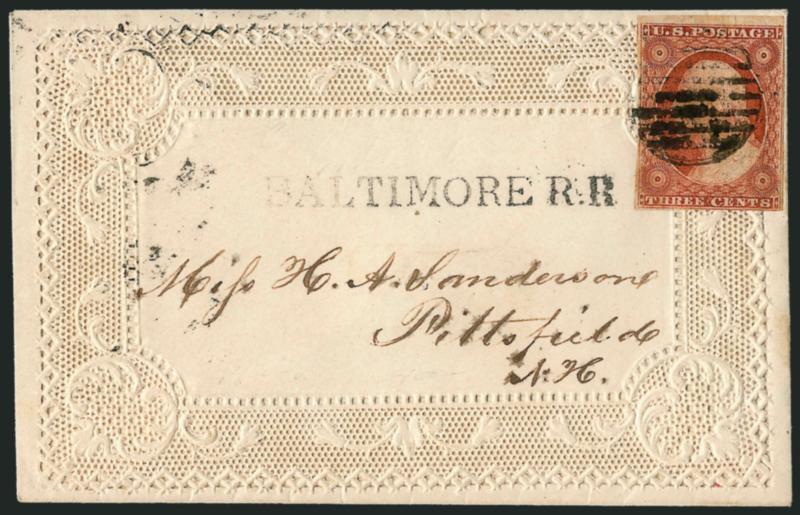 3c Orange Brown, Ty. I (10).> Large margins to clear incl. <sheet margin> at top, tied by bold grid on <lace Valentine> cover to Pittsfield N.H., well-struck <^BALTIMORE R.R.^> straightline handstamp, Very
Fine, scarce and attractive usage, with 20